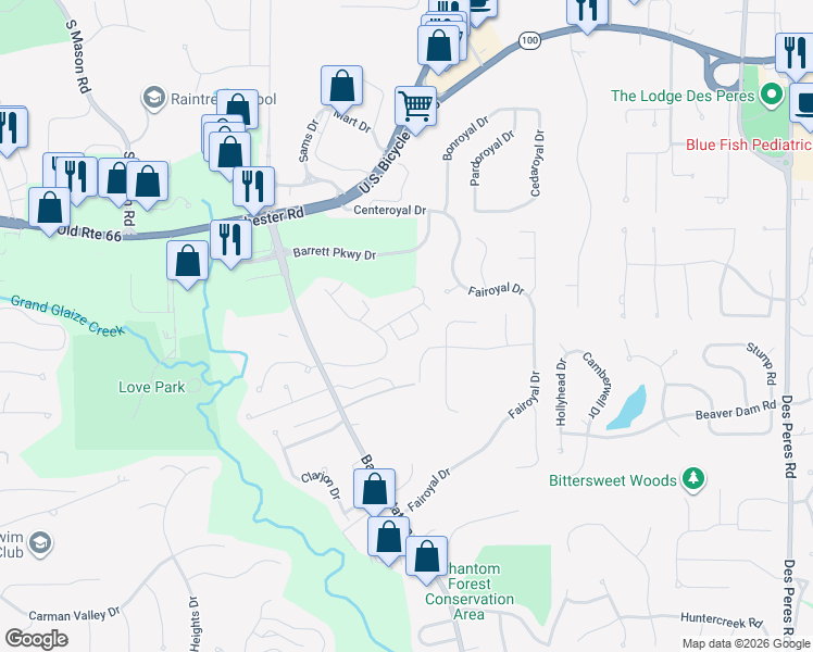 map of restaurants, bars, coffee shops, grocery stores, and more near 13326 Hiddendale Lane in Ballwin