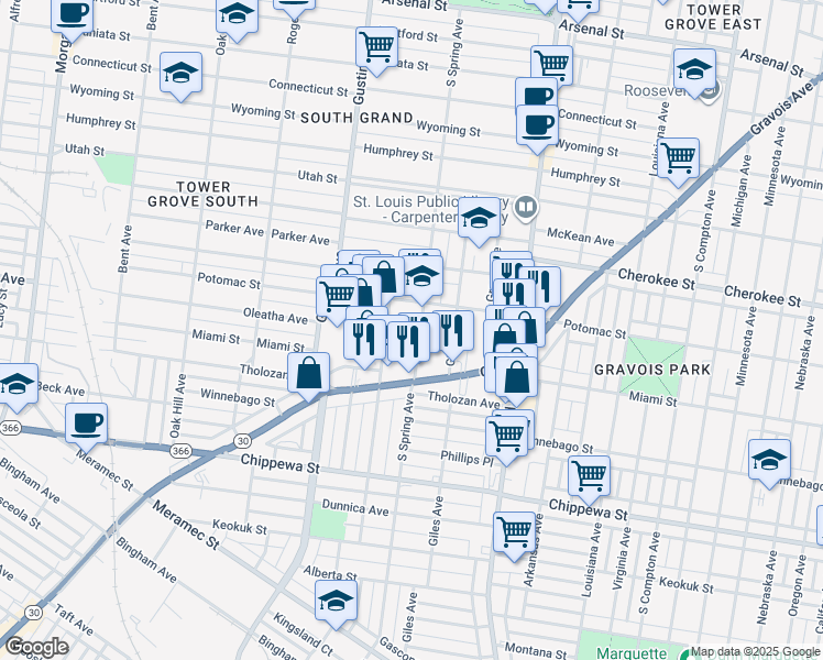 map of restaurants, bars, coffee shops, grocery stores, and more near 3529 South Spring Avenue in Saint Louis