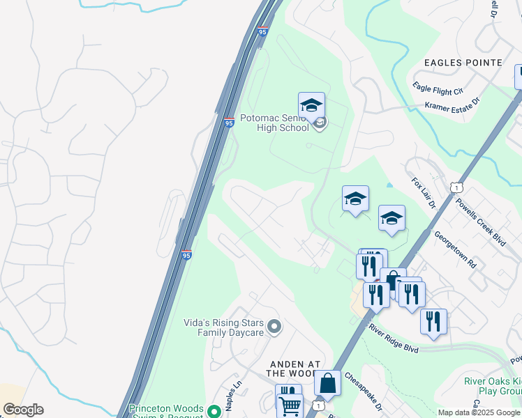 map of restaurants, bars, coffee shops, grocery stores, and more near 3363 Crosscut Lane in Dumfries