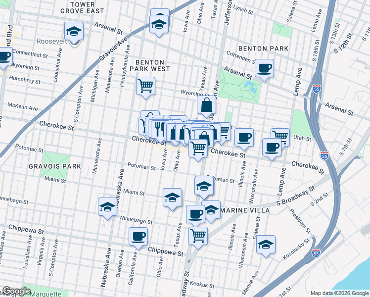 map of restaurants, bars, coffee shops, grocery stores, and more near 2710 Cherokee Street in St. Louis
