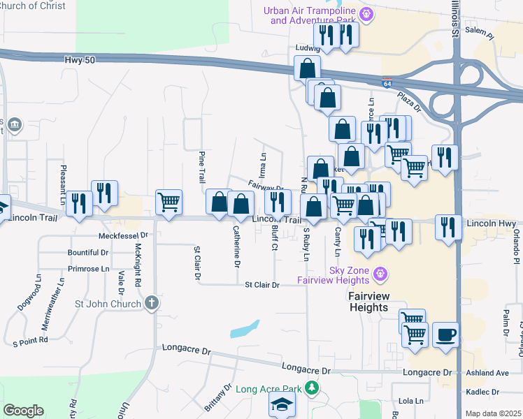map of restaurants, bars, coffee shops, grocery stores, and more near 10517 Lincoln Trail in Fairview Heights