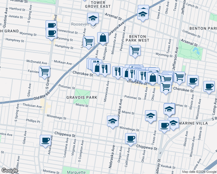 map of restaurants, bars, coffee shops, grocery stores, and more near 3424 Minnesota Avenue in St. Louis