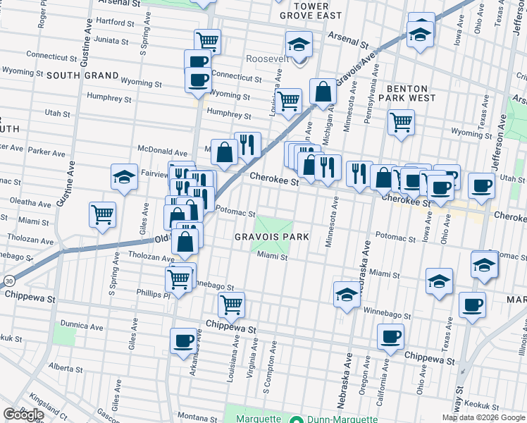 map of restaurants, bars, coffee shops, grocery stores, and more near 3317 Potomac Street in St. Louis