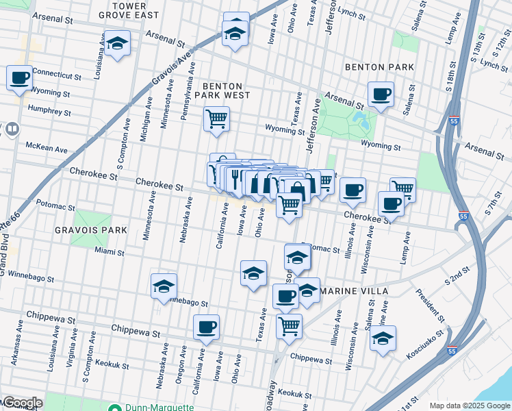 map of restaurants, bars, coffee shops, grocery stores, and more near 2720 Cherokee Street in St. Louis