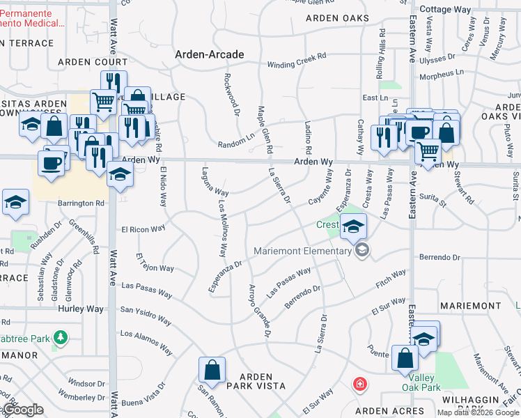 map of restaurants, bars, coffee shops, grocery stores, and more near 3844 El Ricon Way in Sacramento