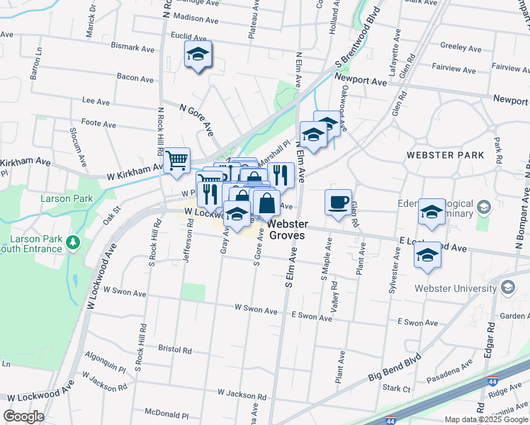 map of restaurants, bars, coffee shops, grocery stores, and more near 45 West Lockwood Avenue in Webster Groves