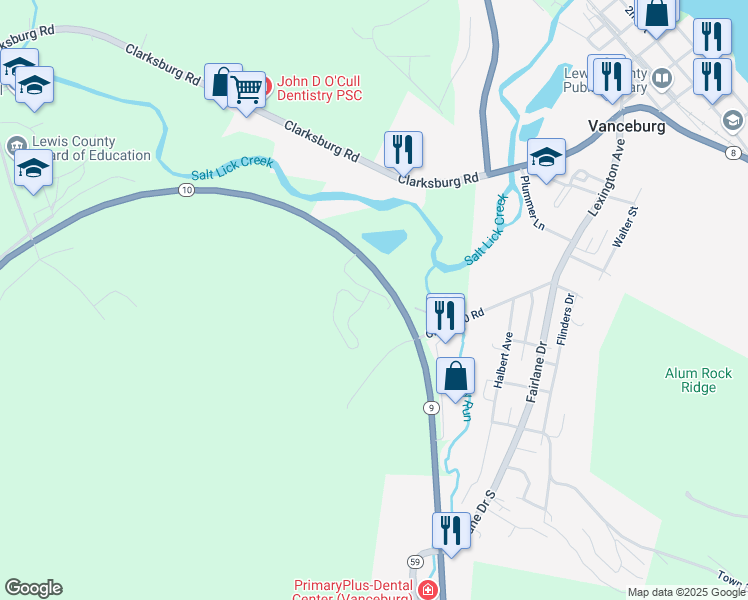 map of restaurants, bars, coffee shops, grocery stores, and more near 17 Oakland Park Road in Vanceburg
