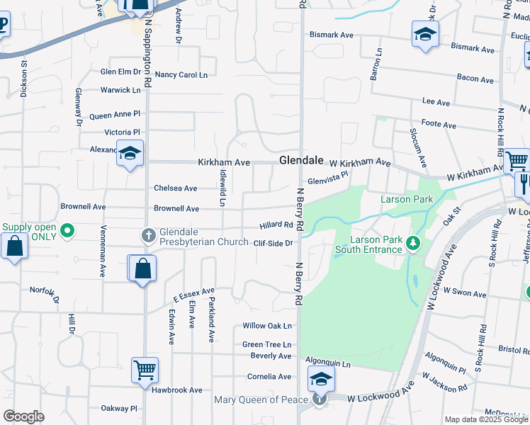 map of restaurants, bars, coffee shops, grocery stores, and more near 1250 Brownell Avenue in St. Louis