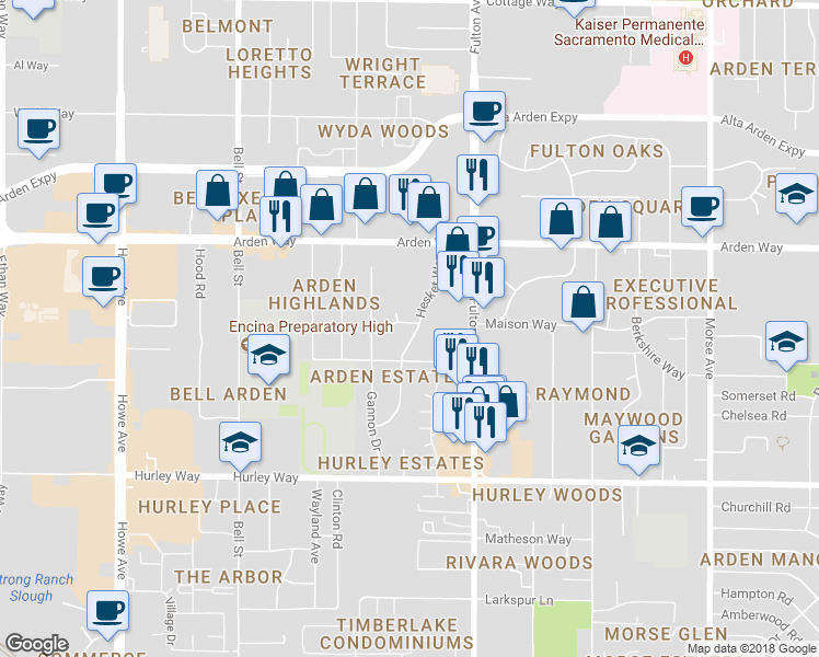 map of restaurants, bars, coffee shops, grocery stores, and more near 1523 Hesket Way in Sacramento