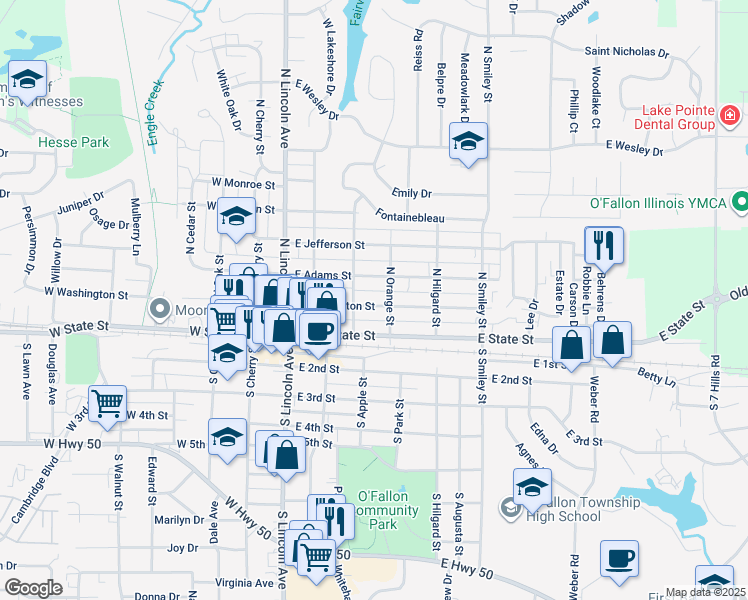 map of restaurants, bars, coffee shops, grocery stores, and more near 310 East Washington Street in O'Fallon