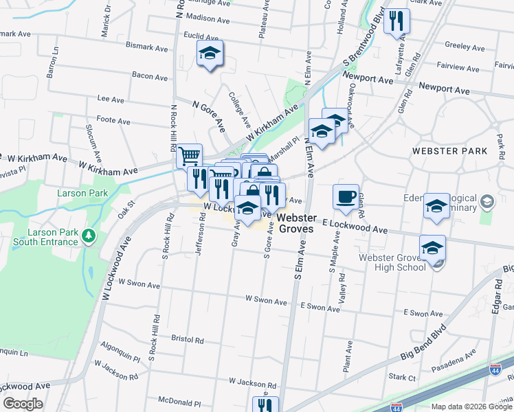 map of restaurants, bars, coffee shops, grocery stores, and more near 7 North Gore Avenue in Webster Groves