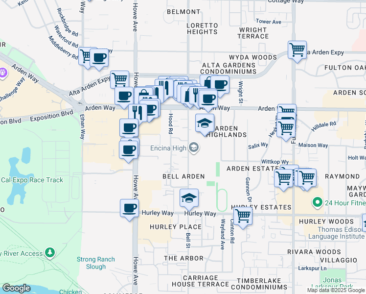 map of restaurants, bars, coffee shops, grocery stores, and more near 1525 Bell Street in Sacramento