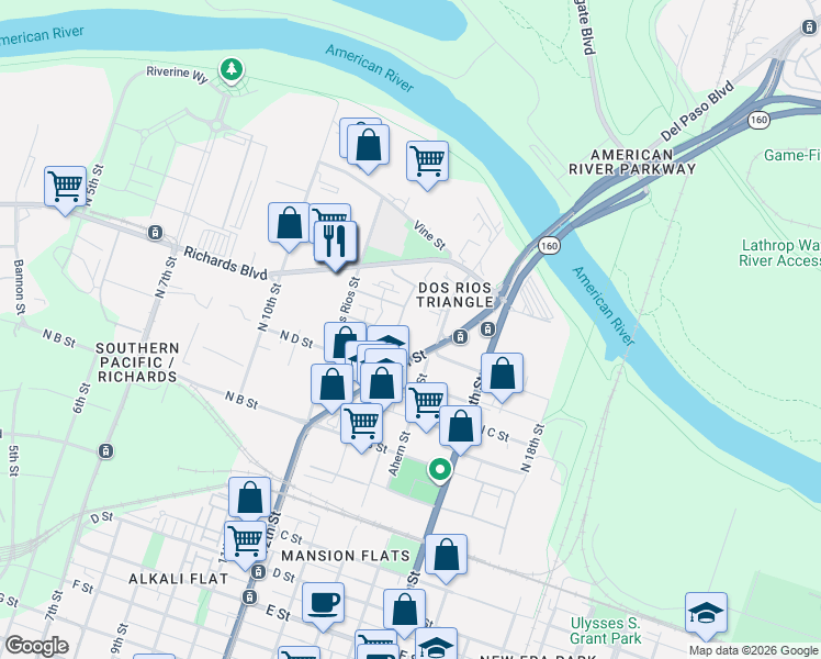 map of restaurants, bars, coffee shops, grocery stores, and more near 421 Eliza Street in Sacramento