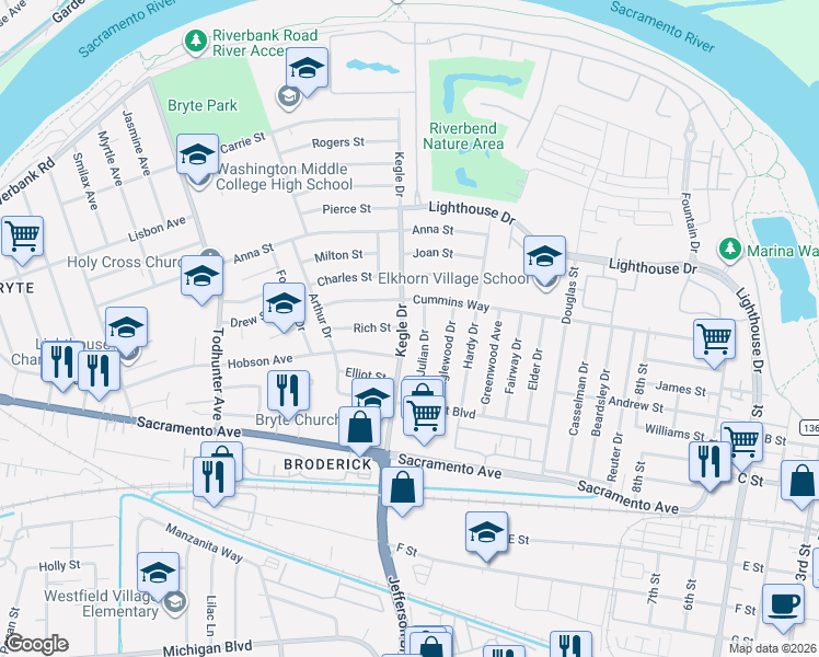 map of restaurants, bars, coffee shops, grocery stores, and more near 716 Julian Drive in West Sacramento