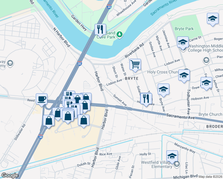 map of restaurants, bars, coffee shops, grocery stores, and more near 703 Sunset Avenue in West Sacramento