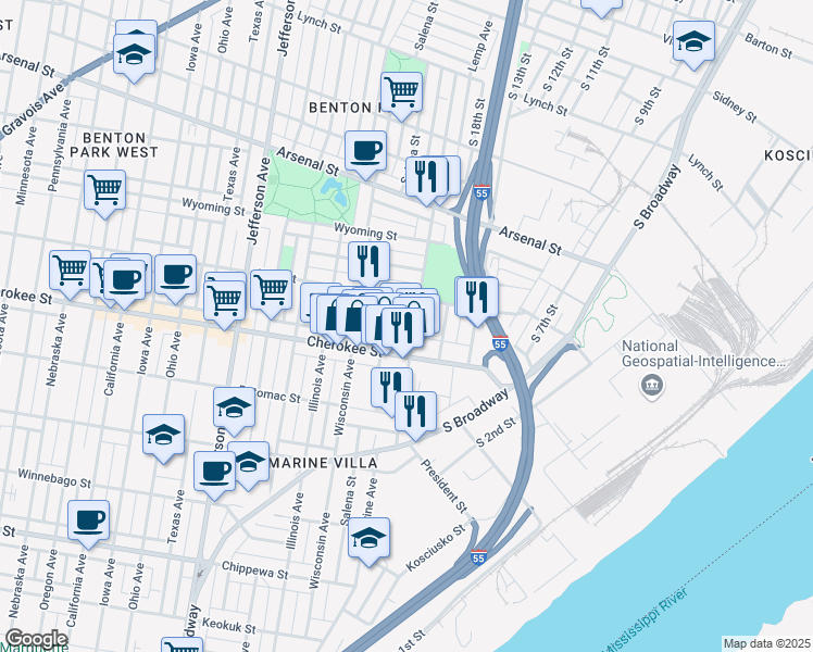 map of restaurants, bars, coffee shops, grocery stores, and more near 3319 Lemp Avenue in St. Louis