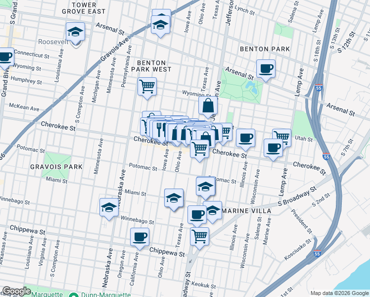 map of restaurants, bars, coffee shops, grocery stores, and more near 2720 Cherokee Street in St. Louis