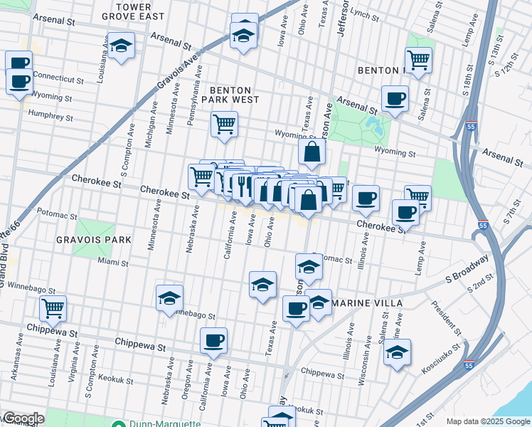 map of restaurants, bars, coffee shops, grocery stores, and more near 2720 Cherokee Street in St. Louis