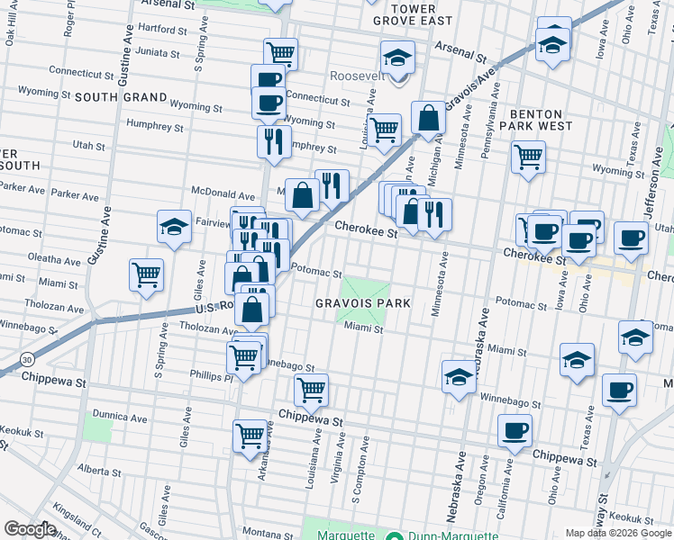 map of restaurants, bars, coffee shops, grocery stores, and more near 3455 Louisiana Avenue in St. Louis
