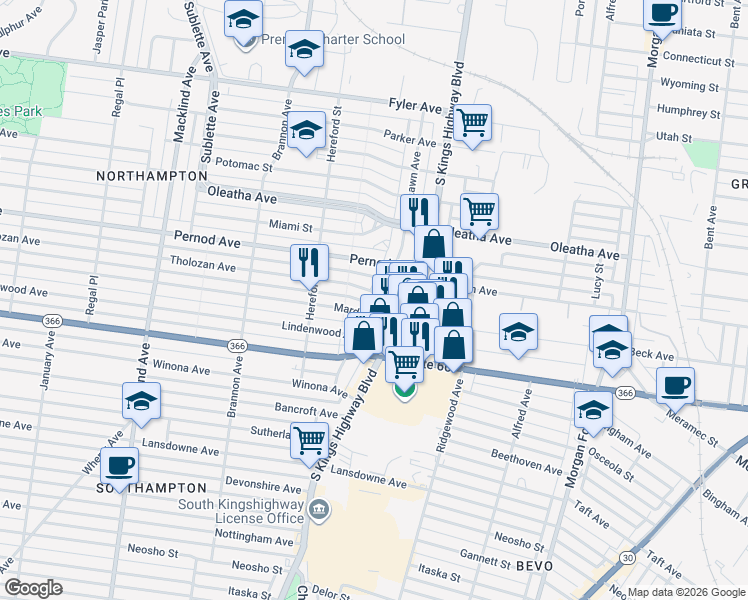 map of restaurants, bars, coffee shops, grocery stores, and more near 3632 Lawn Avenue in St. Louis