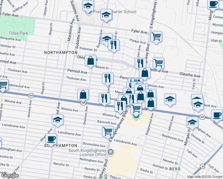 map of restaurants, bars, coffee shops, grocery stores, and more near 4997 Mardel Avenue in St. Louis