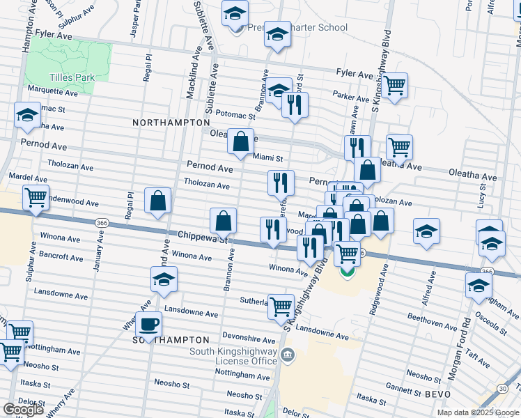 map of restaurants, bars, coffee shops, grocery stores, and more near 5033 Mardel Avenue in St. Louis