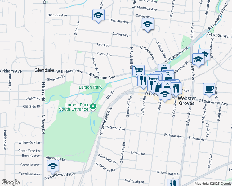 map of restaurants, bars, coffee shops, grocery stores, and more near 450 Oak Street in St. Louis