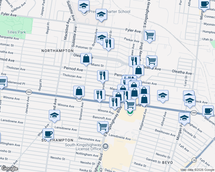 map of restaurants, bars, coffee shops, grocery stores, and more near 4983 Mardel Avenue in St. Louis