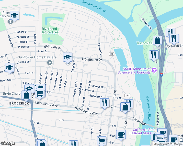 map of restaurants, bars, coffee shops, grocery stores, and more near 640 Cummins Way in West Sacramento