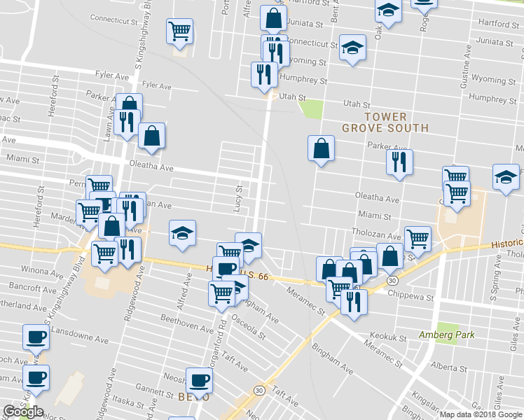 map of restaurants, bars, coffee shops, grocery stores, and more near 3546 Morganford Road in St. Louis