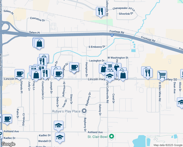 map of restaurants, bars, coffee shops, grocery stores, and more near 9 Crossroad Drive in Fairview Heights