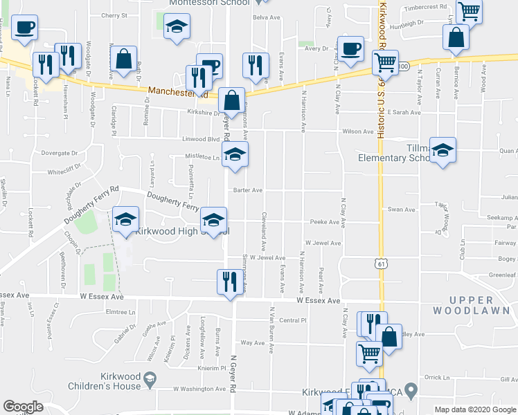 map of restaurants, bars, coffee shops, grocery stores, and more near 811 Cleveland Avenue in Kirkwood
