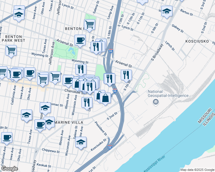 map of restaurants, bars, coffee shops, grocery stores, and more near 3315 Demenil Place in St. Louis