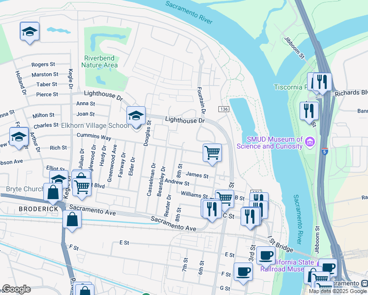 map of restaurants, bars, coffee shops, grocery stores, and more near 540 Newton Way in West Sacramento