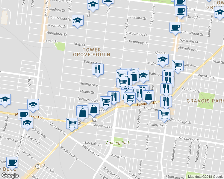 map of restaurants, bars, coffee shops, grocery stores, and more near 3908 Oleatha Avenue in St. Louis