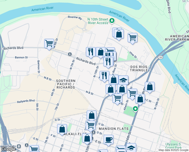map of restaurants, bars, coffee shops, grocery stores, and more near 434 North 10th Street in Sacramento