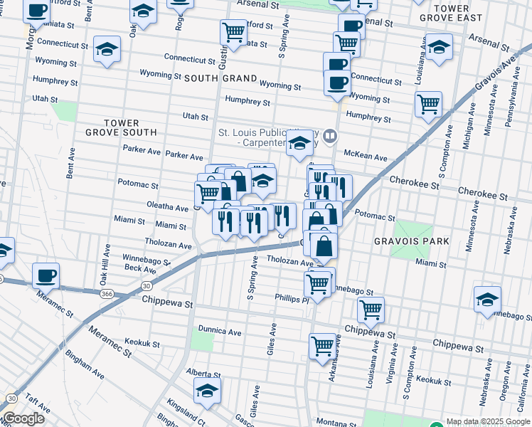 map of restaurants, bars, coffee shops, grocery stores, and more near 3522 South Spring Avenue in St. Louis