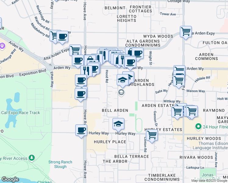 map of restaurants, bars, coffee shops, grocery stores, and more near 1525 Bell Street in Sacramento