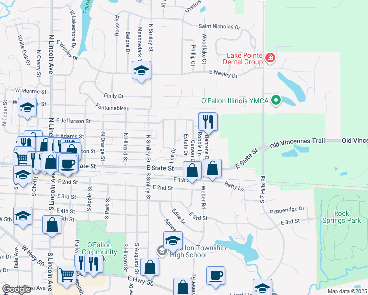 map of restaurants, bars, coffee shops, grocery stores, and more near 203 Estate Drive in O'Fallon