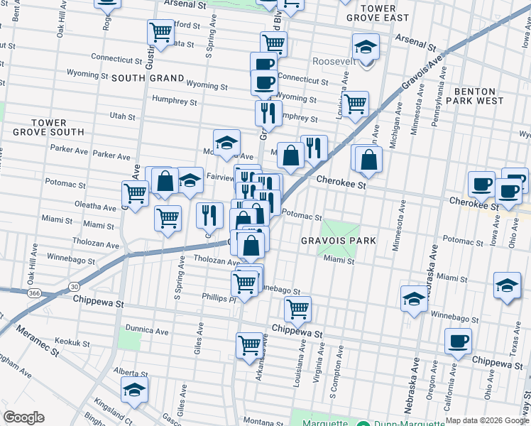 map of restaurants, bars, coffee shops, grocery stores, and more near 3501 Gravois Ave in St Louis