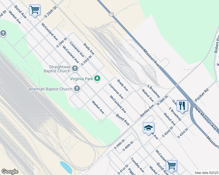 map of restaurants, bars, coffee shops, grocery stores, and more near 3604 Converse Avenue in East St. Louis