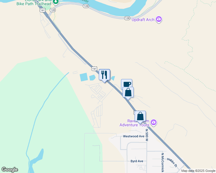 map of restaurants, bars, coffee shops, grocery stores, and more near 1261 North Main Street in Moab