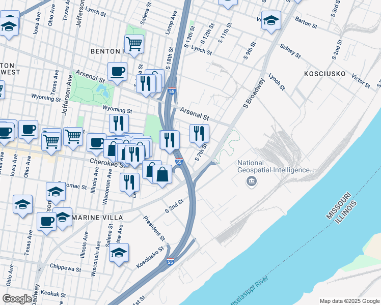 map of restaurants, bars, coffee shops, grocery stores, and more near 3312 South 9th Street in St. Louis