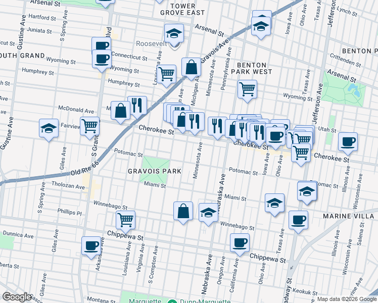 map of restaurants, bars, coffee shops, grocery stores, and more near 3434 Michigan Avenue in St. Louis