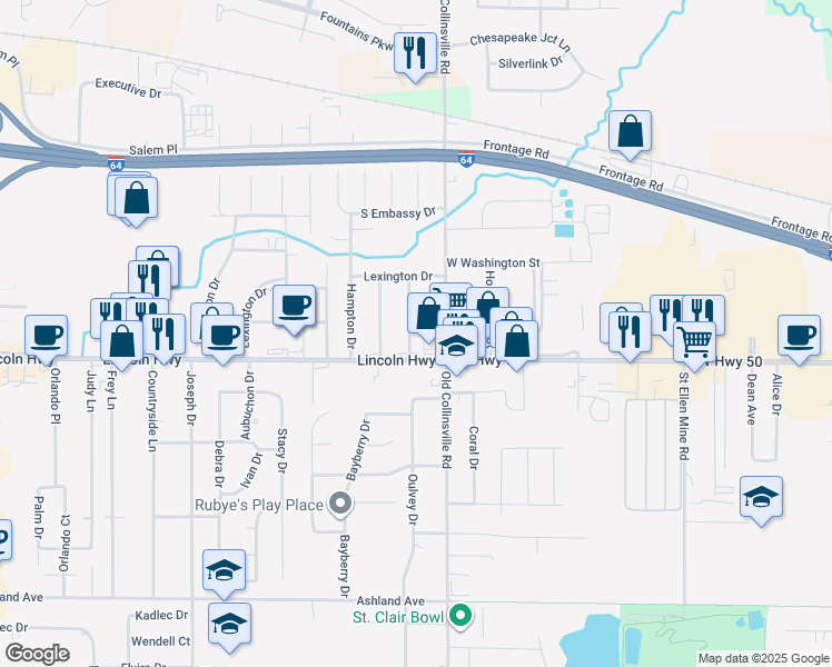 map of restaurants, bars, coffee shops, grocery stores, and more near 10 Schaperkoetter Drive in Fairview Heights