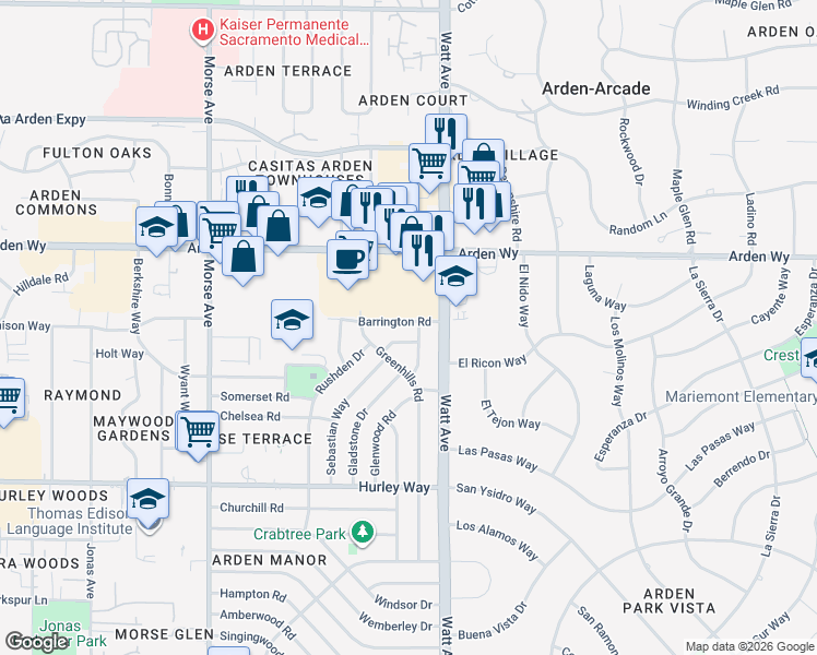 map of restaurants, bars, coffee shops, grocery stores, and more near 3432 Barrington Road in Sacramento