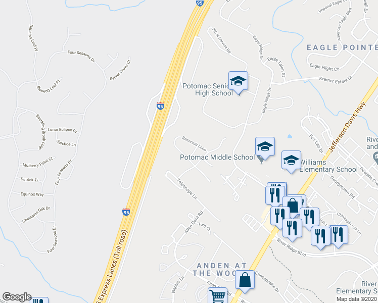 map of restaurants, bars, coffee shops, grocery stores, and more near 3370 Crosscut Ln in Dumfries