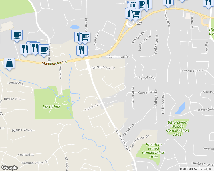 map of restaurants, bars, coffee shops, grocery stores, and more near 2375 Hidden Meadow Lane in Ballwin