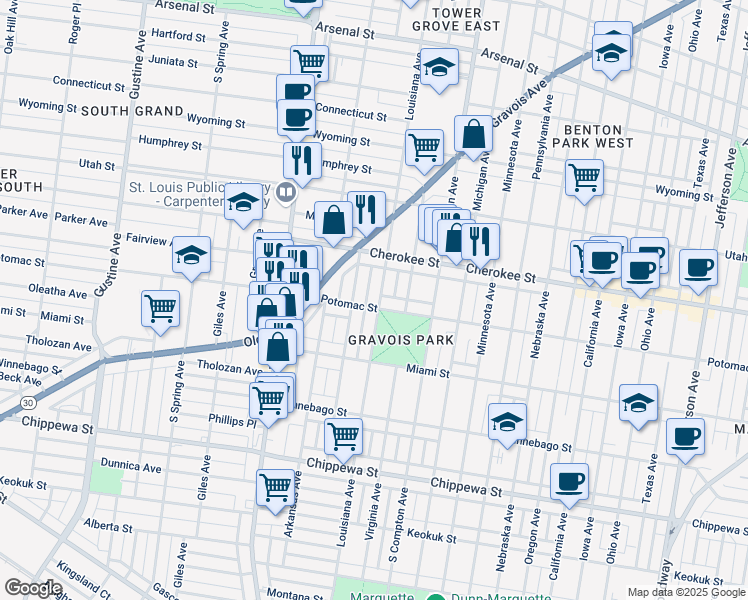 map of restaurants, bars, coffee shops, grocery stores, and more near 3455 Louisiana Avenue in St. Louis