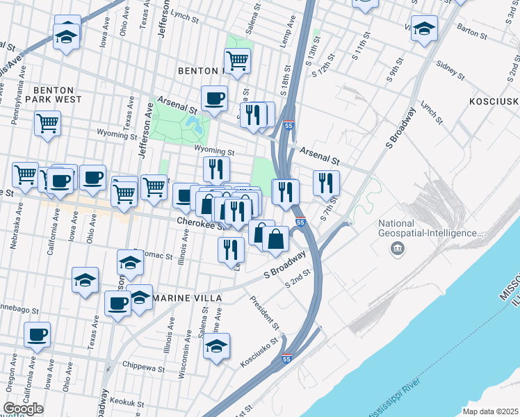 map of restaurants, bars, coffee shops, grocery stores, and more near 3319 South 18th Street in St. Louis